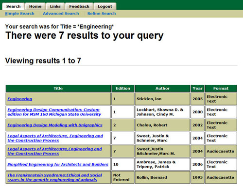 Screenshot of seven results appear for the query, "engineering."