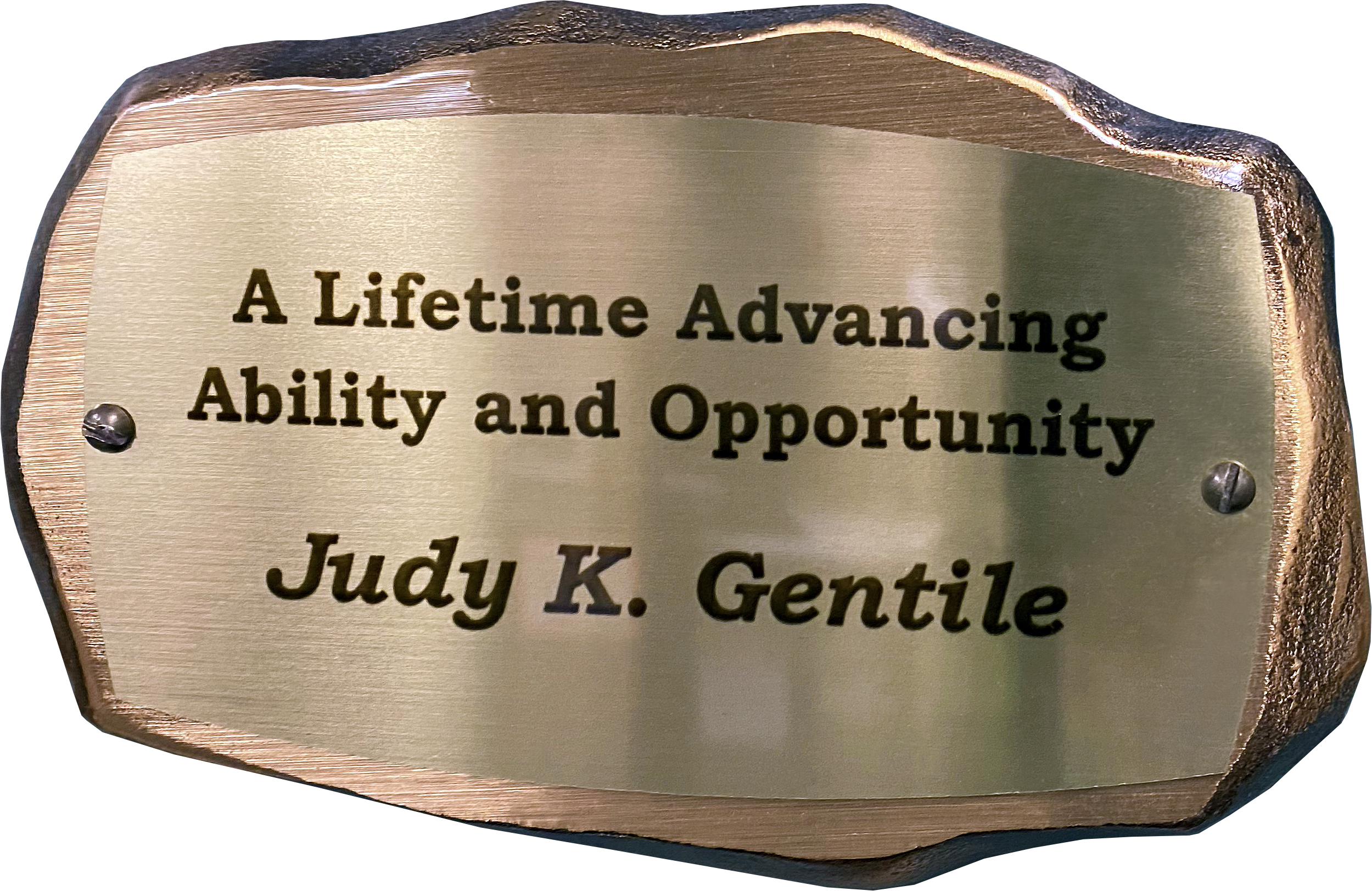 Inscribed bronze plaque in the shape of a rock with text on it reading: A Lifetime Advancing Ability and Opportunity. Judy K. Gentile