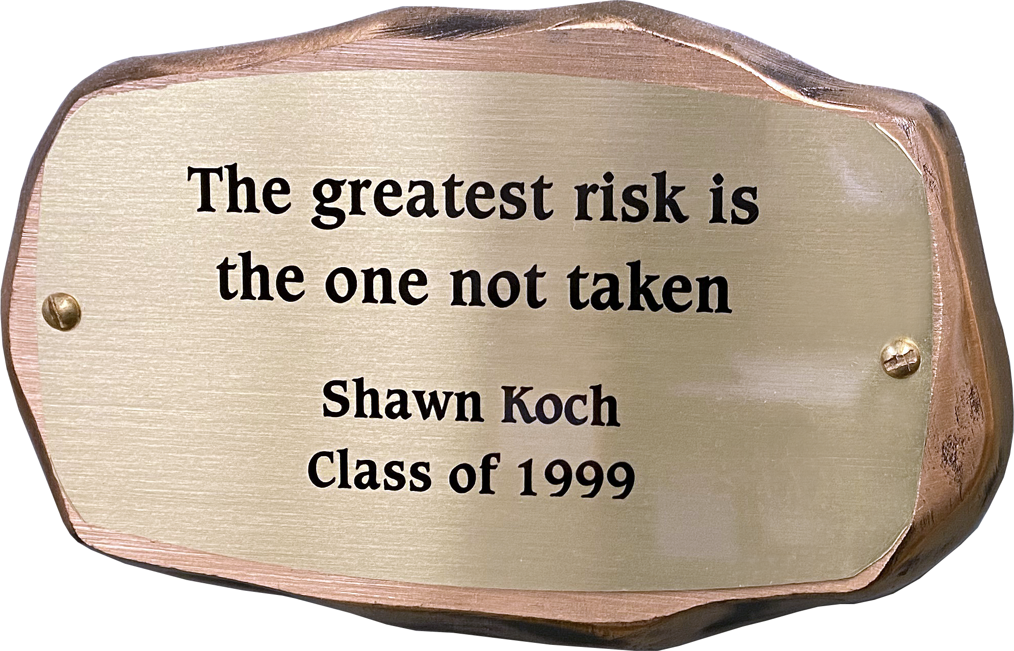 Inscribed bronze plaque in the shape of a rock with text on it reading: The greatest risk is the one not taken. Shawn Koch. Class of 1999