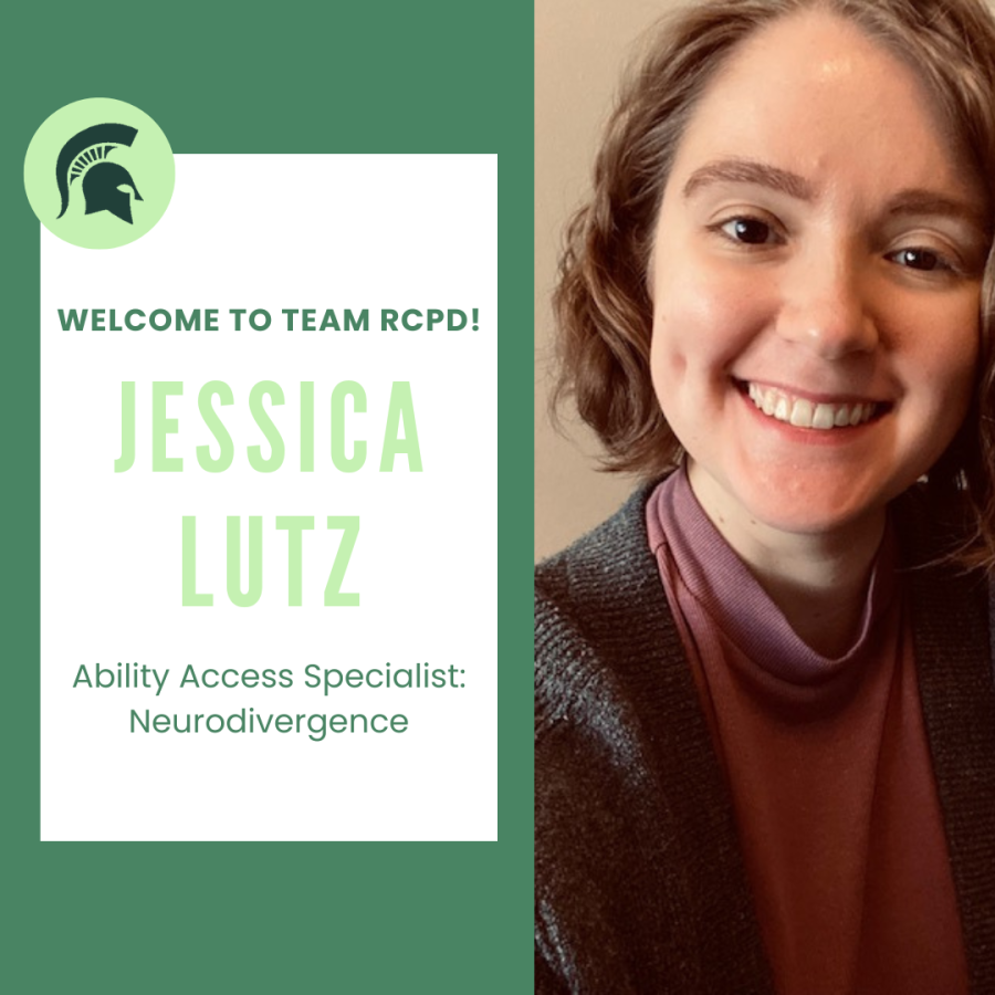 A green graphic with a picture of Jessica on the right. She is smiling and has curly brown hair in a bob. On the left is a white box with text that reads "Welcome to them RCPD, Jessica Lutz. Ability Access Specialist: Neurodivergence."