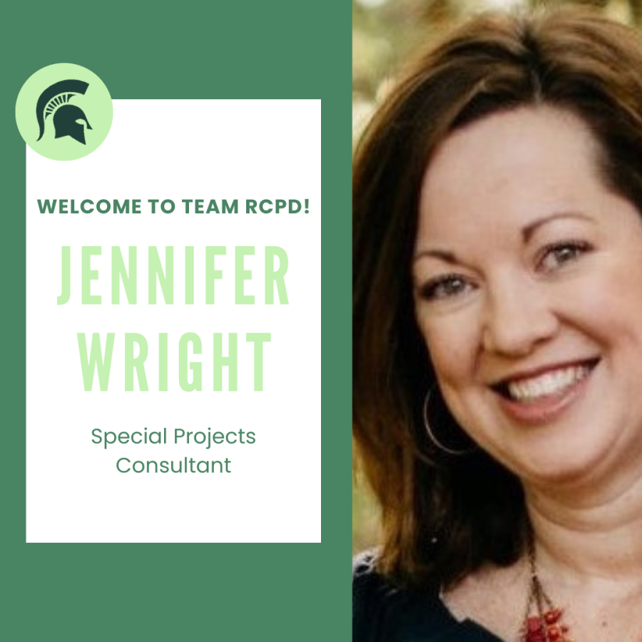 A green graphic with a picture of Jennifer on the right. She is smiling and has straight brown hair. On the left is a white box with text that reads "Welcome to them RCPD, Jennifer Wright. Special Projects Consultant.”