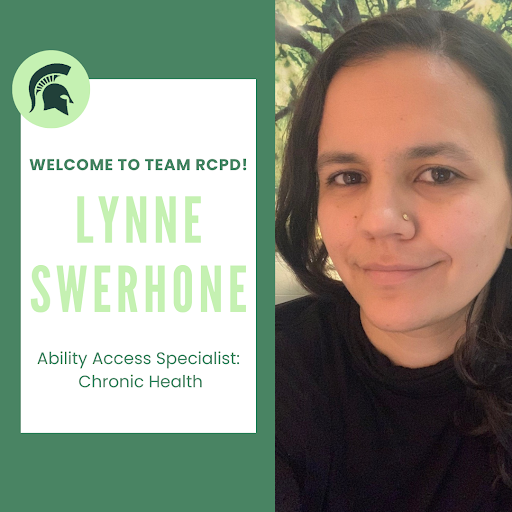 A graphic with a picture of Lynne Swerhone on the right. She has brown hair and is smiling. On the left is a dark green background with a smaller white box within. In the box, text reads, "welcome to RCPD! (In larger text) Lynne Swerhone. (smaller text) Ability Access Specialist: Chronic Health."