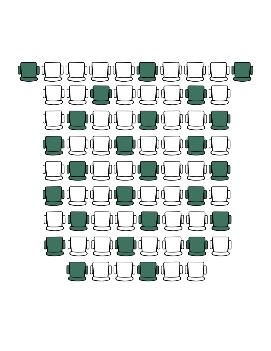 9 rows of seats, with 24 green shaded seats separated throughout.