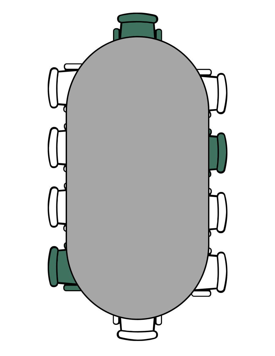 Rounded table that has 10 seats, 4 on each side. 3 seats are shaded green.