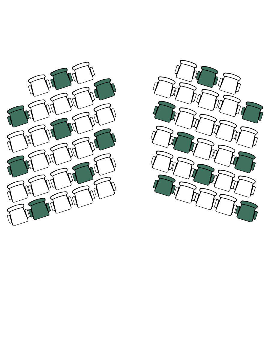 6 rows of seating on two side of a divide with 16 seats separated shaded green