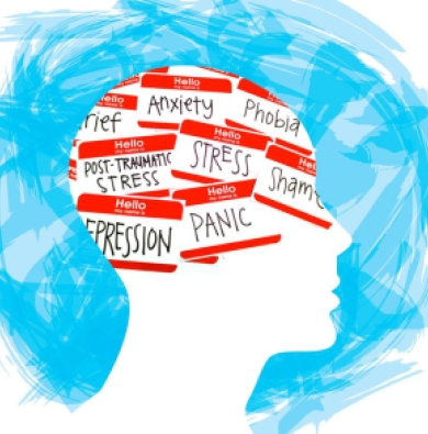 Illustration showing drawing of someone's head with many "hello my name is..." stickers inside, with words like panic, stress, depression, and anxiety written on them.