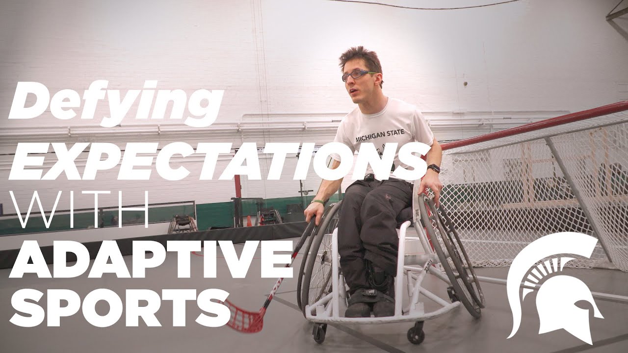 Image of Piotr Józef Pasik play wheelchair hockey with the text "Defying Expectations with adaptive sports"