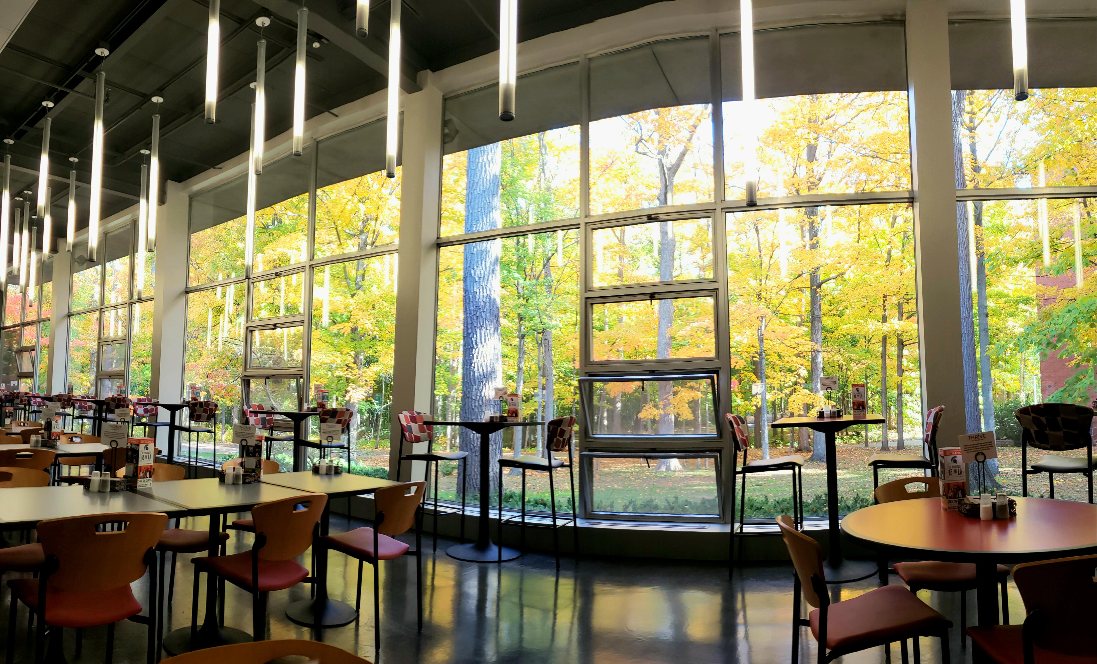 An image of the Thrive dining room. The windows overlook River Trail
