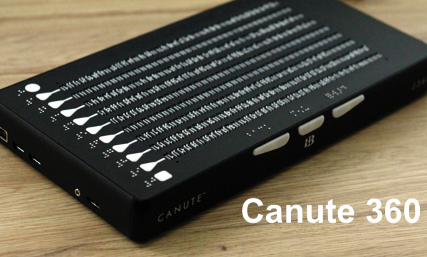 Photo of Canute 360 braille e-reader and text, "Canute 360"
