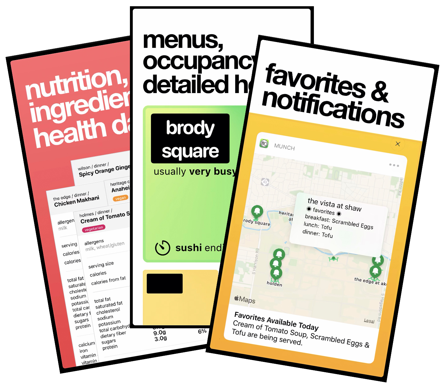 Screenshots from Munch App featuring nutritional content, menus, and notifications from the app