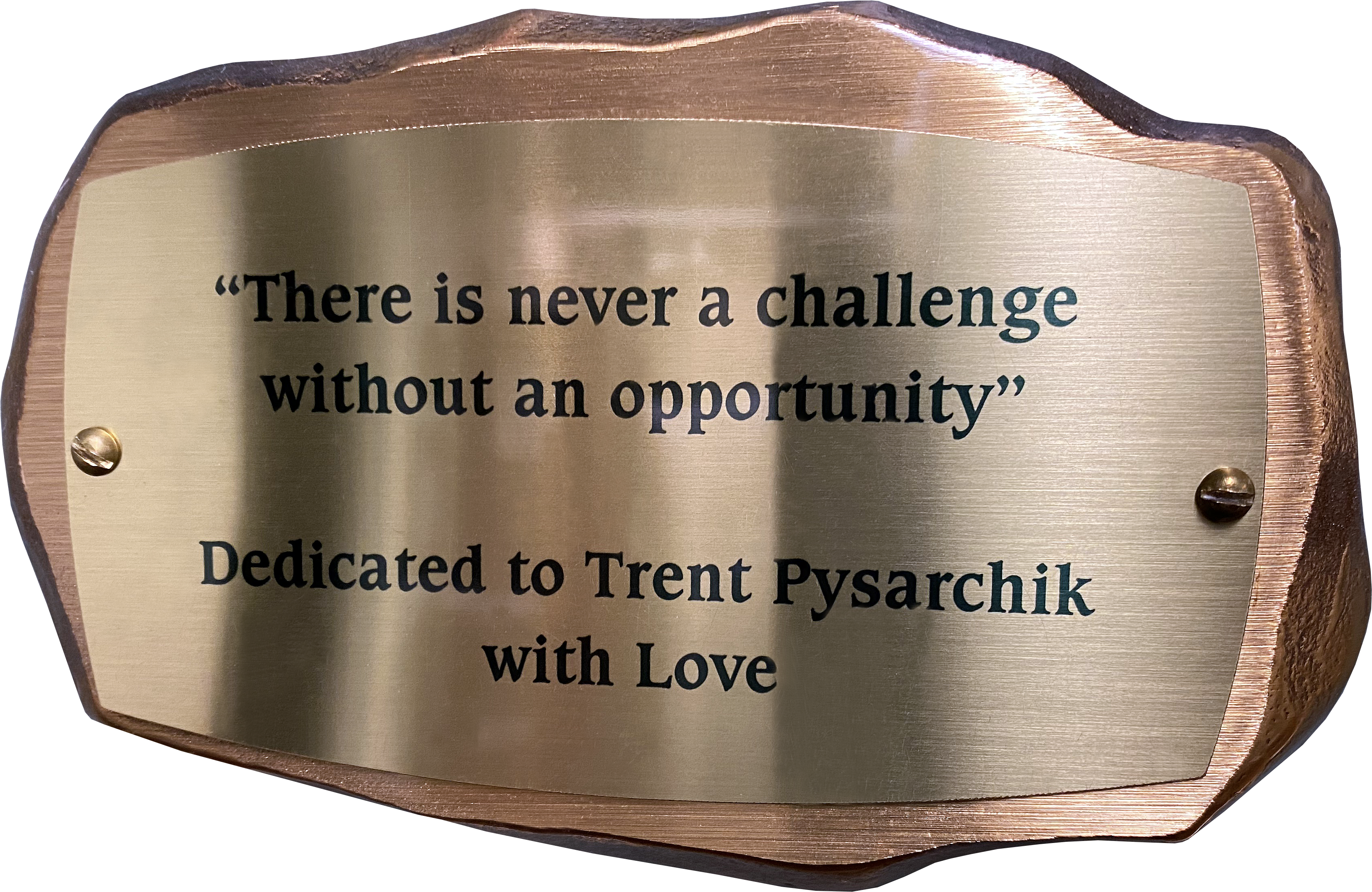 Inscribed bronze plaque in the shape of a rock with text on it reading: "There is never a challenge without an opportunity" Dedicated to Trent Pysarchik with Love