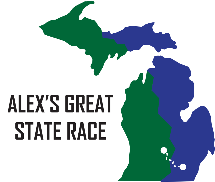 The Alex's Great State Race logo: a map of Michigan colored blue and green