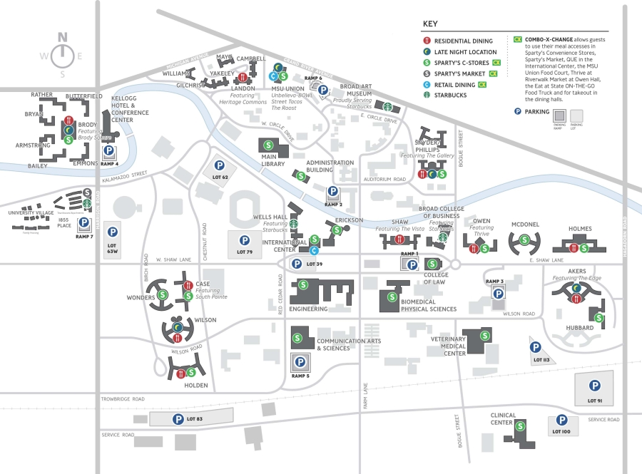 Map of MSU Campus with dining halls highlighted