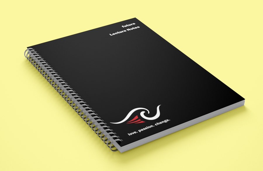 Show is the black, Lecture Notes notebook, with the product wave logo
