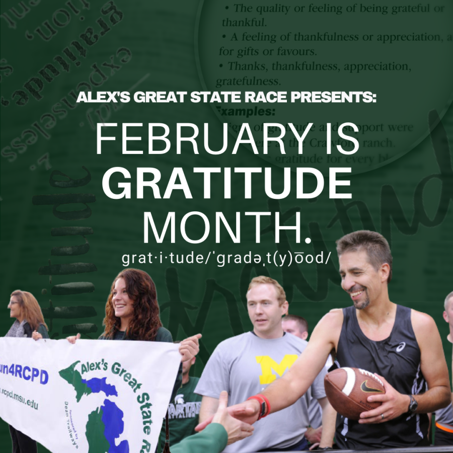 A green graphic image: two people holding an AGSR banner, a runner with a football, and people standing in the background. The image states "Alex's Great State Race presents: February is gratitude month. Followed by the phonetic spelling of gratitude.