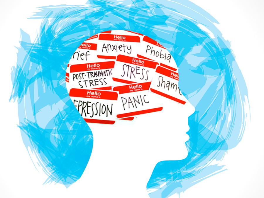Illustration of a head silhouette in profile, full of "hello my name is blank" stickers with the names filled in as different words such as anxiety, depression, phobia, stress, shame, and panic.