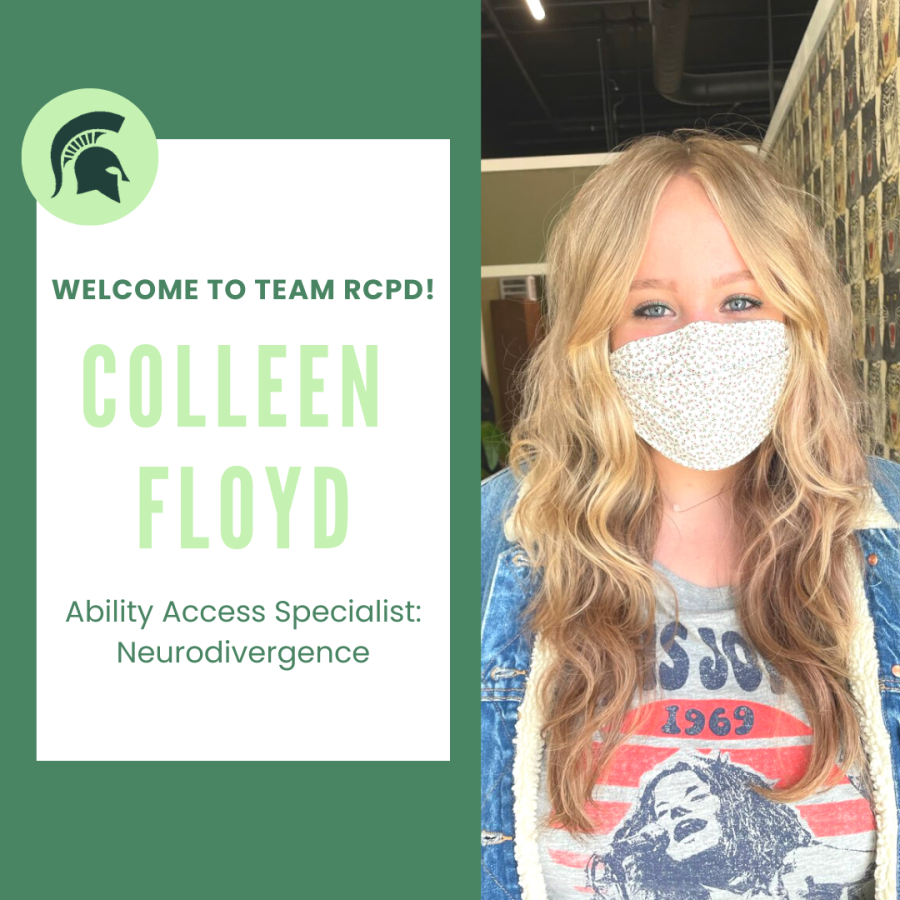 A graphic with a picture of Colleen on the right. She has long blonde hair and is smiling behind a mask. On the left is a dark green background with a smaller white box within. In the box, text reads, "welcome to RCPD! (In larger text) Colleen Floyd. (smaller text) Ability Access Specialist: Neurodivergence."