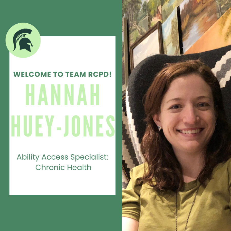 Photo of Hannah Huey-Jones- A smiling white woman with wavy brown hair. She is sitting in a chair wearing a short sleeved, yellow button-up. Text on post: Welcome to Team RCPD! Hannah Huey-Jones. Ability Access Specialist: Chronic Health.