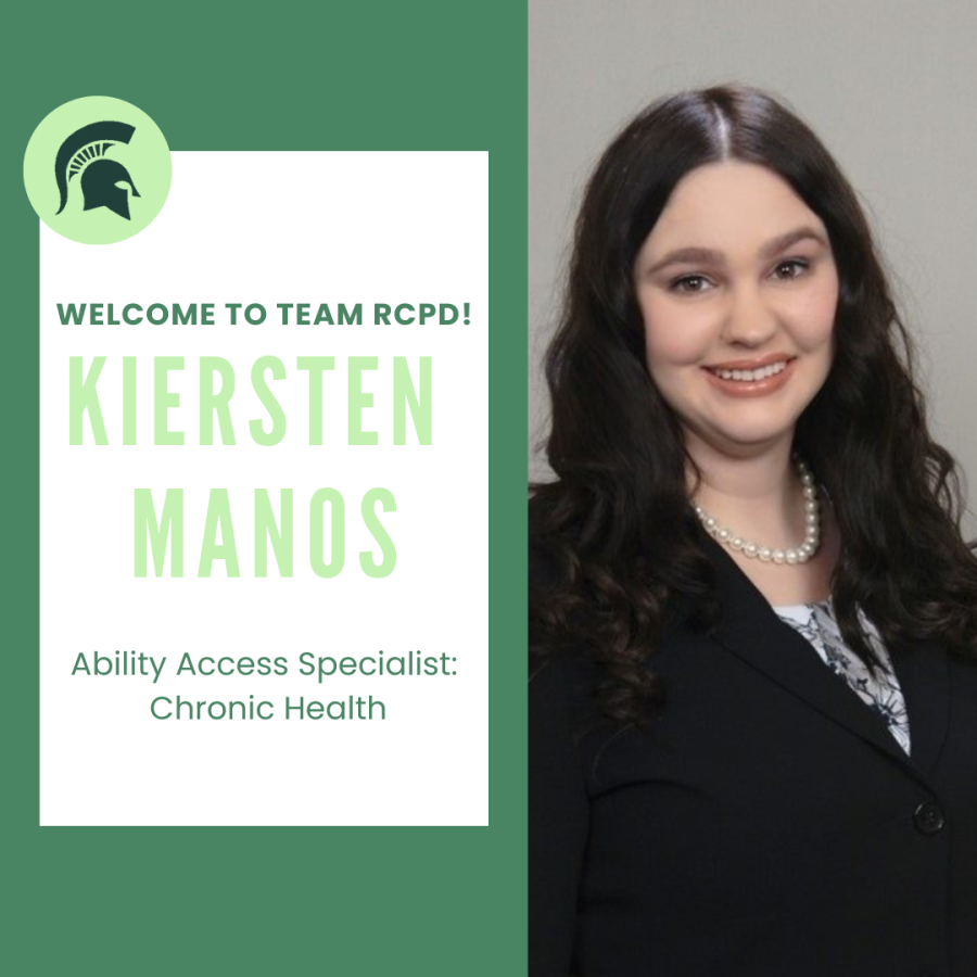 Photo of Kiersten Manos, A smiling woman with long, wavy dark brown hair. She is wearing a black blazer over a floral shirt and has a pearl necklace on. Text on post: Welcome to Team RCPD! Kiersten Manos. Ability Access Specialist: Chronic Health.