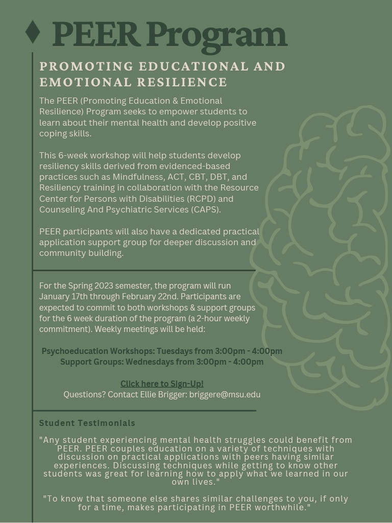 army green background: poster explaining the PEER program. Info from the poster is in the body next to the image.
