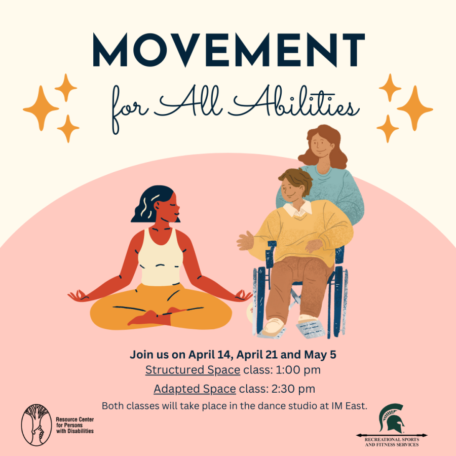 Movement for All Abilities with characters in a yoga pose & one in wheelchair; RCPD & Rec Sports logos in bottom corners