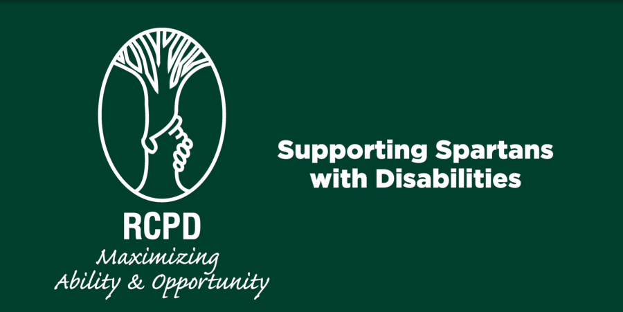 Still image of title page of Supporting Spartans with Disabilities video (in white) on a green background. The RCPD logo is to the left all in white