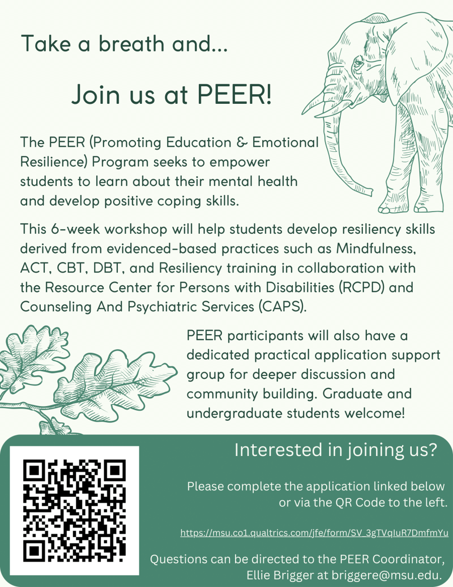 Image of a flyer for PEER. It has a graphic of an elephant on the top right side along with leaves near the bottom. All text on the flyer is in green and findable in the body text to the right of this image.