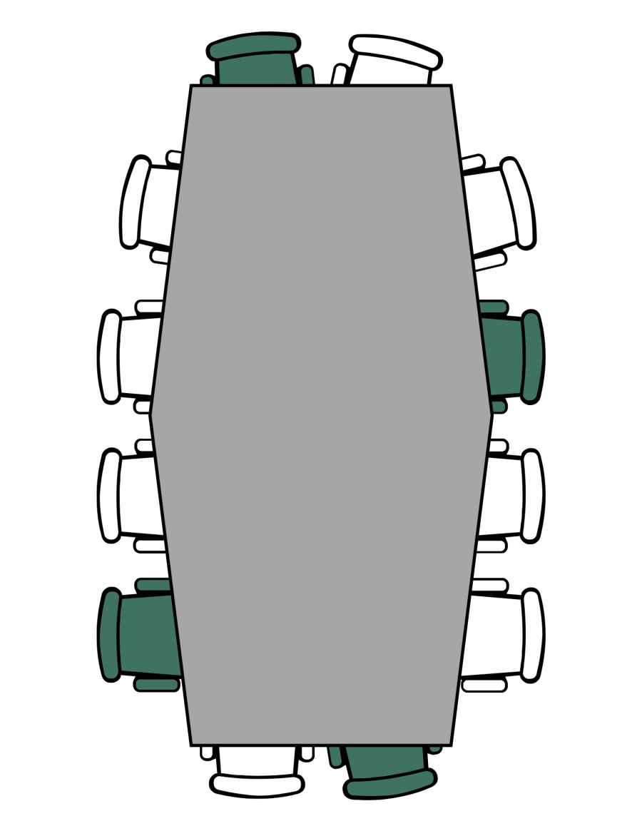 Table with 12 seats, 2 on each end and 4 along the side. 4 seats separated from each other are shaded green.