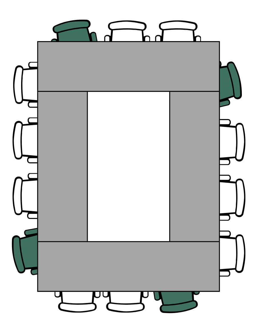 Box table with a gap in the middle. 3 seats on each end, 4 on the sides. 4 seats separated from each other are shaded green.