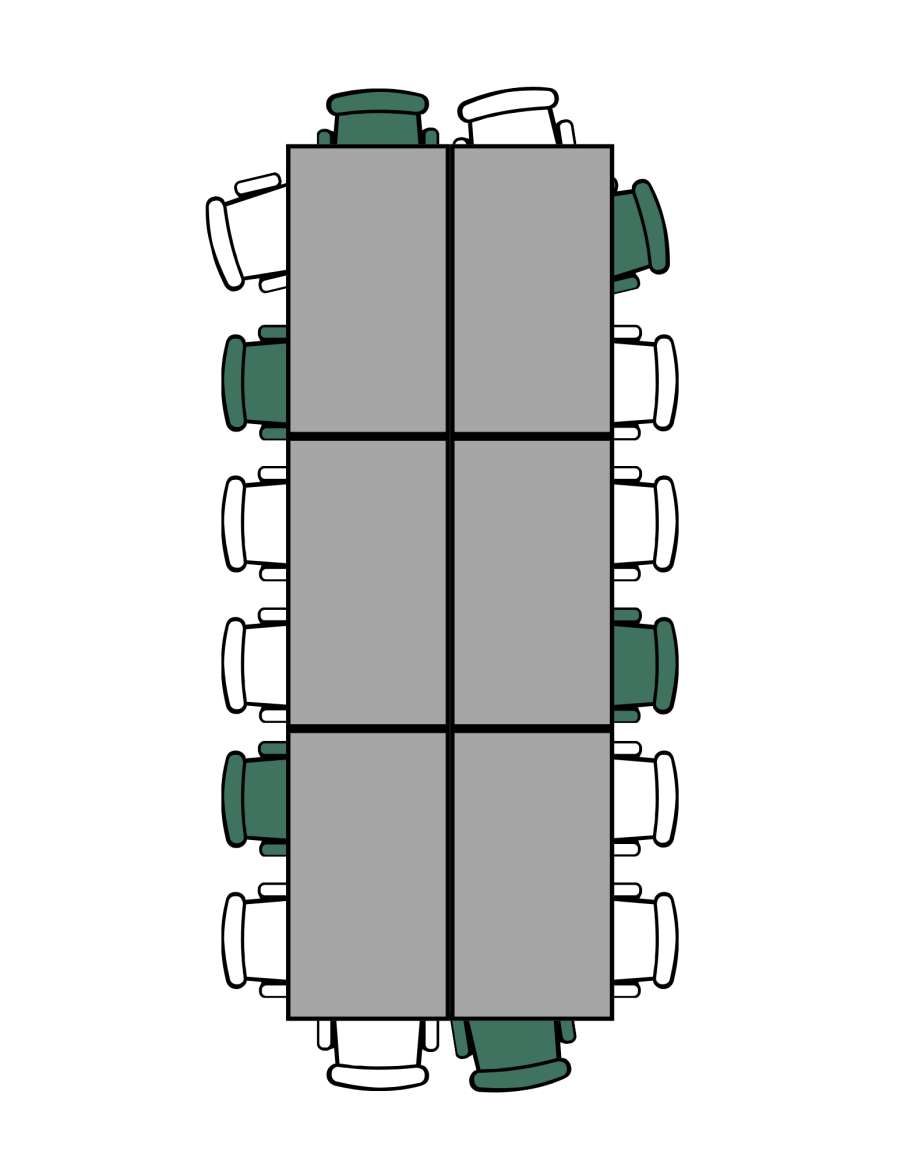 Rectangle Table with 2 seats one each end and 6 on the sides. 6 seats separated from each other are shaded green.
