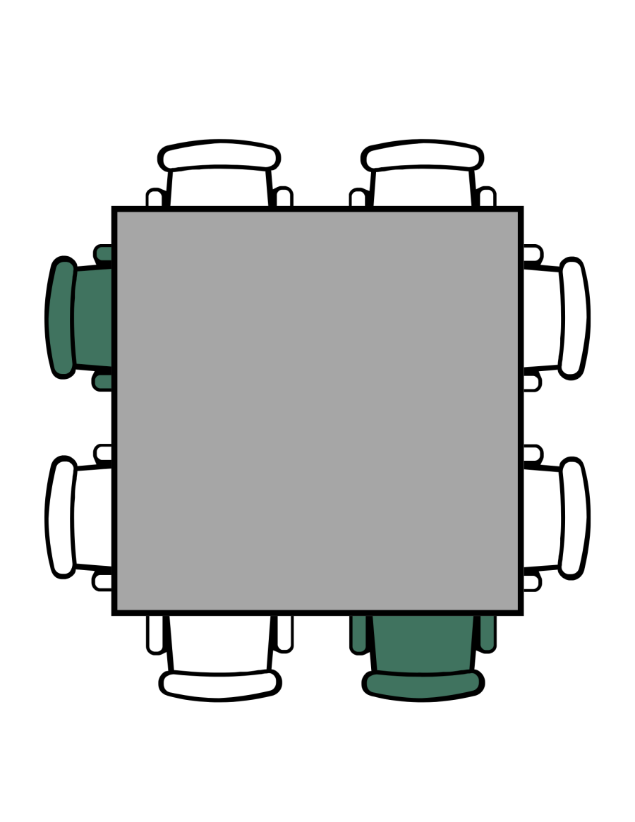 square table with two seats on each side. Two of the adjacent sides have one green chair.