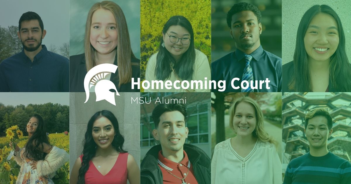 a collage of the ten homecoming court members with a green transparent overlay. a white spartan head logo and the text "homecoming court" is displayed in the center of the collage
