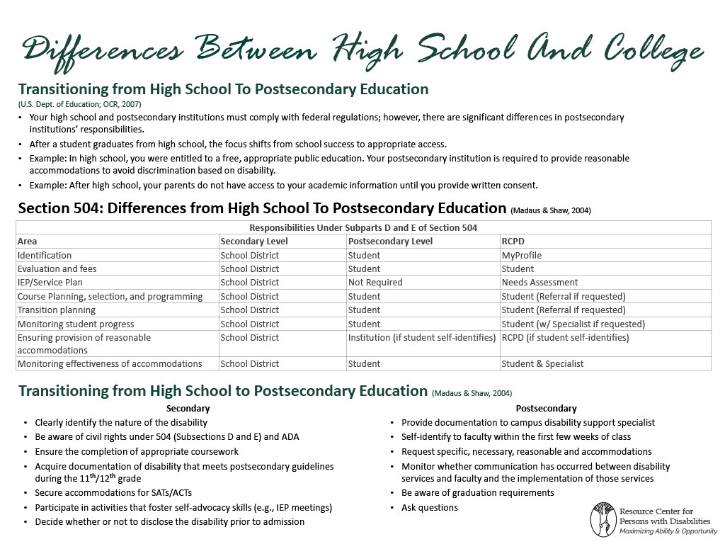 Flyer of Differences between High School and College - see first accordion item for text
