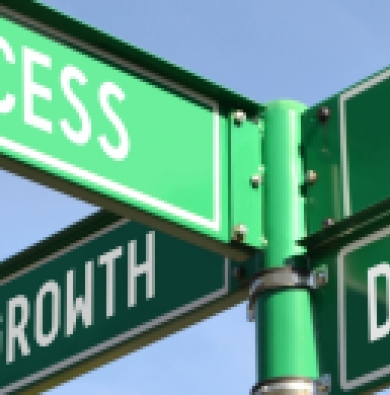A green road sign indicating different avenues. On the sign are the words "success", "growth", "career", and "development" 