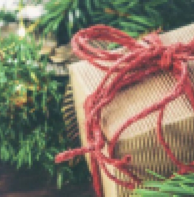 A present wrapped in brown paper and tied with red string. It is sitting on top of some lush Christmas greenery