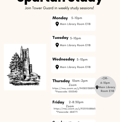 A flyer for Spartan Study. Contains the information listed on this web page. 