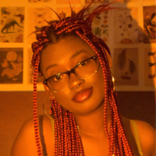 Photo of Parisse Paige - A smiling black woman with long red braids, in an updo. She is wearing black glasses, a small silver nose ring and medium sized silver earrings.